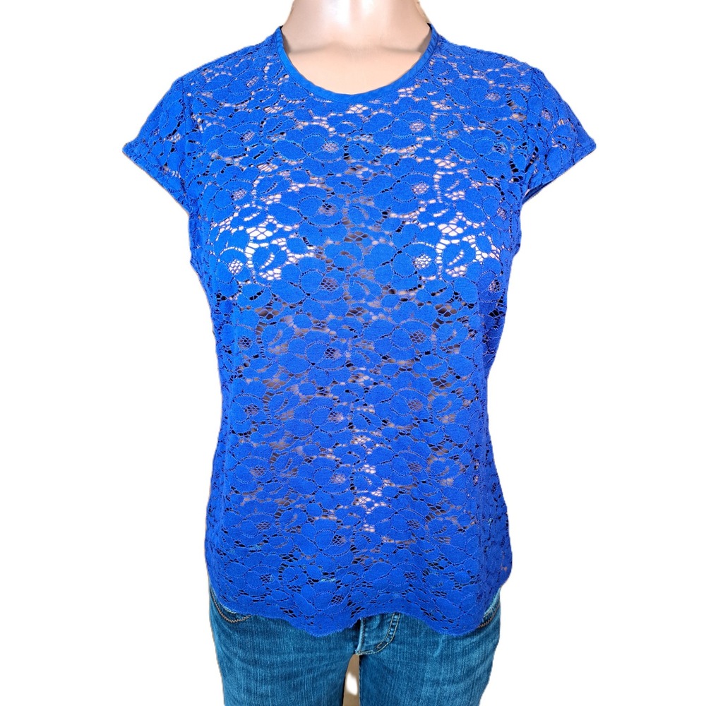 Liz Claiborne Petite Blue Floral Lace Cap Sleeve Top Back Zip PS